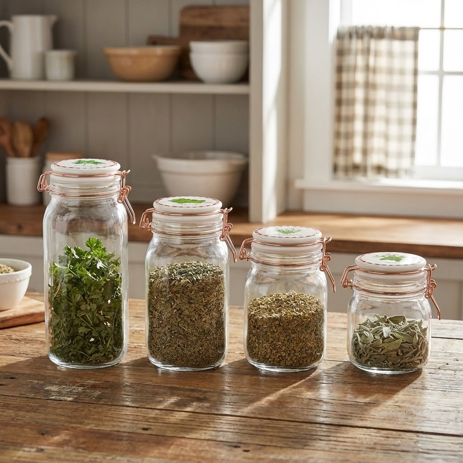 4-Piece Glass Canister Set with Ceramic Herb Decal Lids