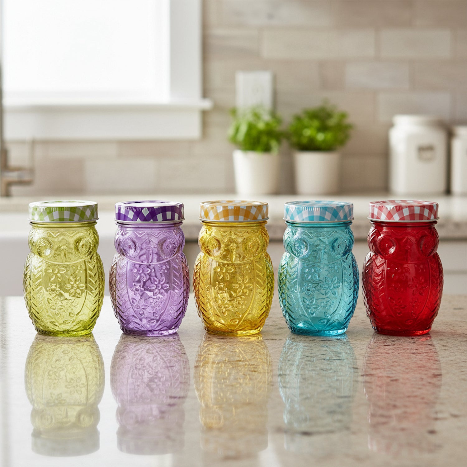 Owl Colors 6-Piece Set Jars with Check Lids 15Oz