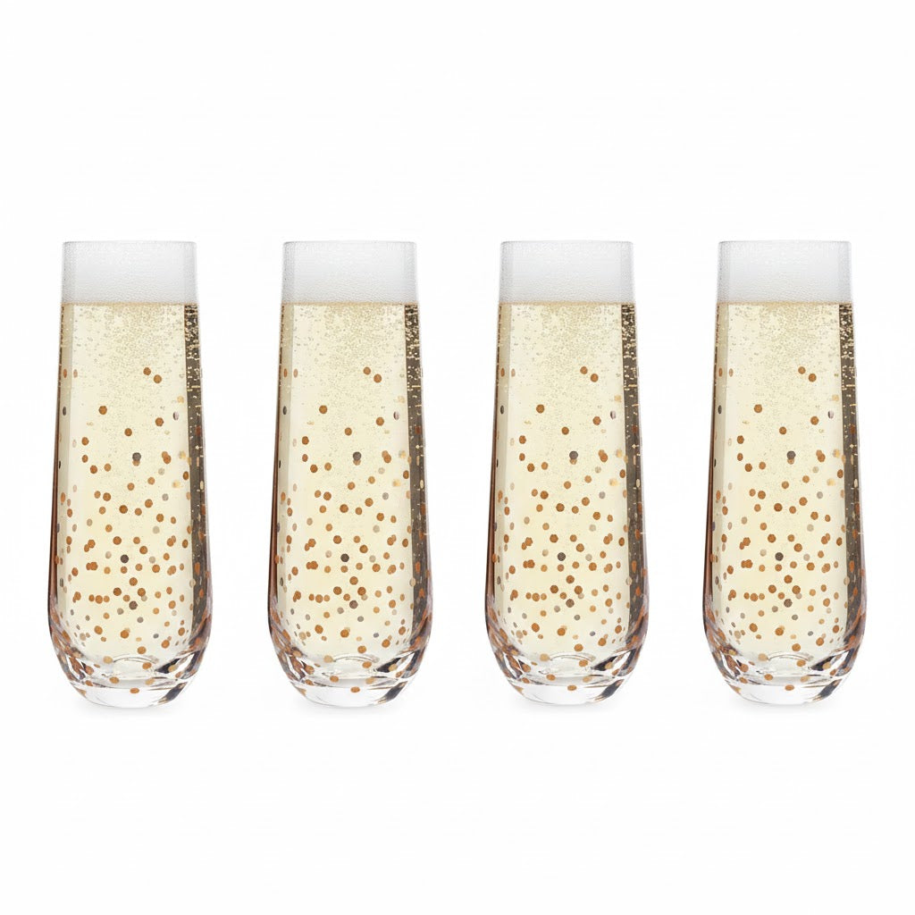 Set of 4 Black & Gold Confetti Stemless Champagne Flutes (10.5 oz)
