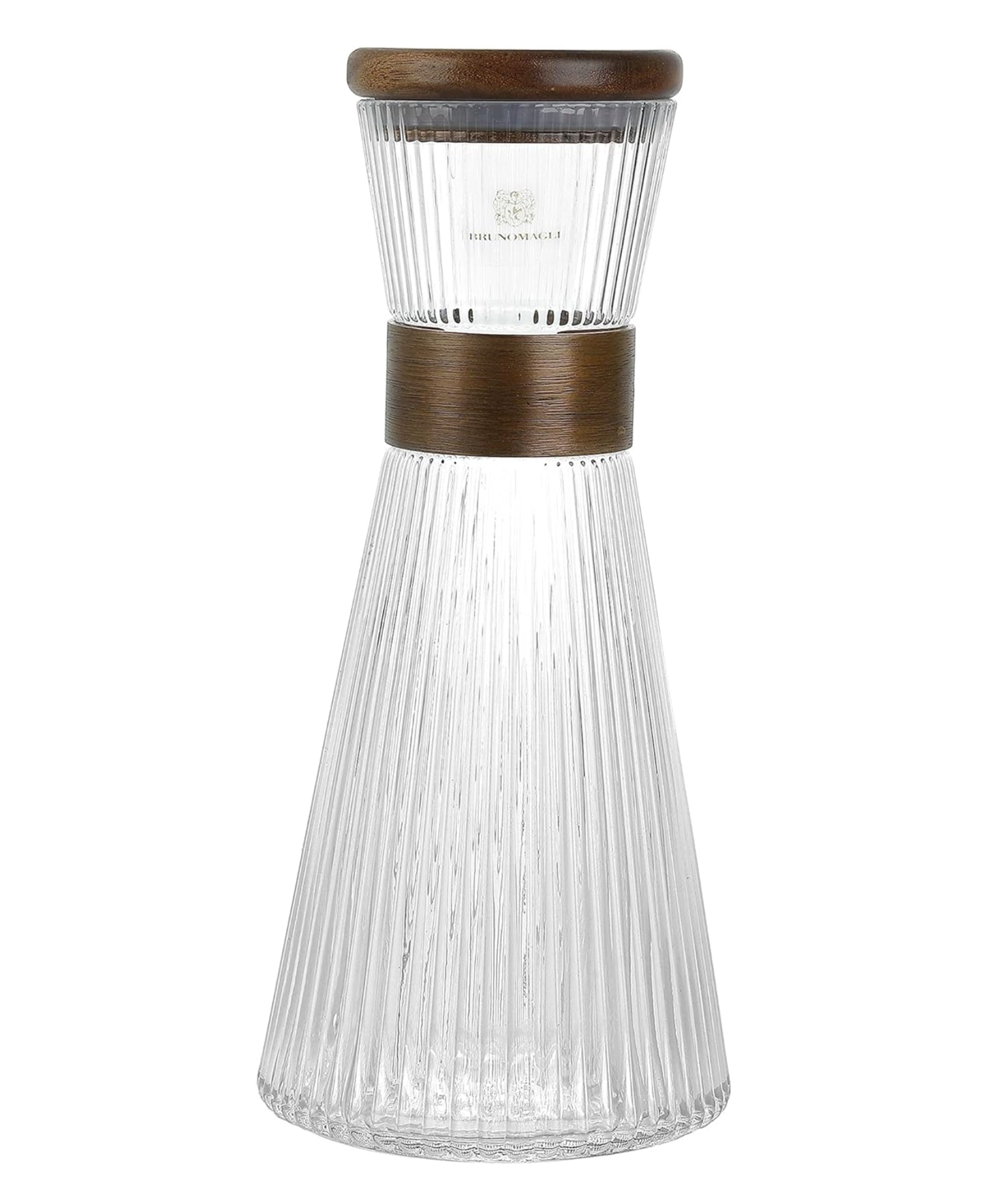 CLEAR RIBBED GLASS PITCHER  W/WOOD BAND   GB 33.82 OZ /1000ML  4.52"D X10.23"HCLEAR RIBBED GLASS PITCHER W/WOOD BAND 33.82 OZ /1000 ML, 4.52"D X10.23"H  GB