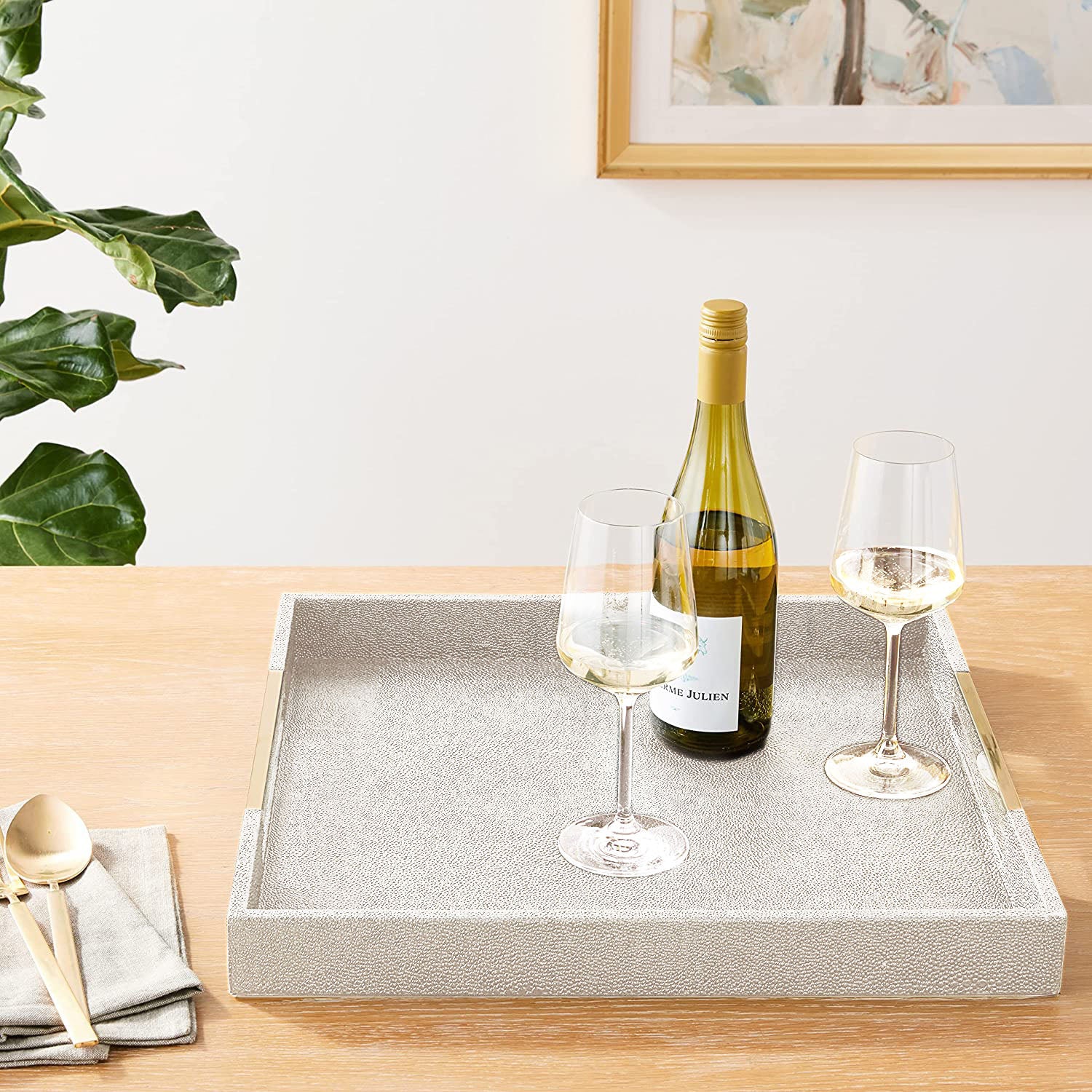 Sophisticated White and Gray Square Tray with Silver Handles