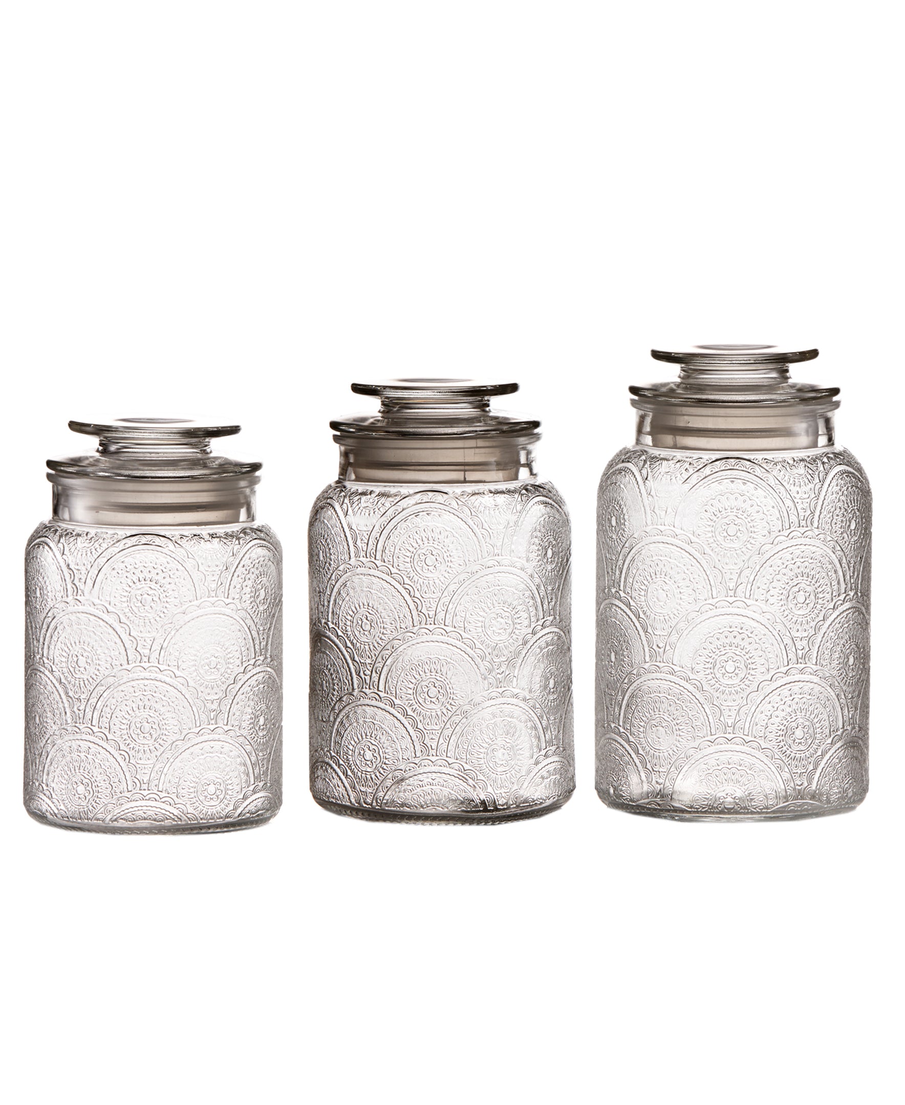 GLASS SET/3 CANISTER 34oz, 44oz, 54oz / 1L, 1.3L & 1.6L / 4.45x4.45x7.09" 4.72x4.72x7.68"  4.92x4.92x8.46" - reshipper box