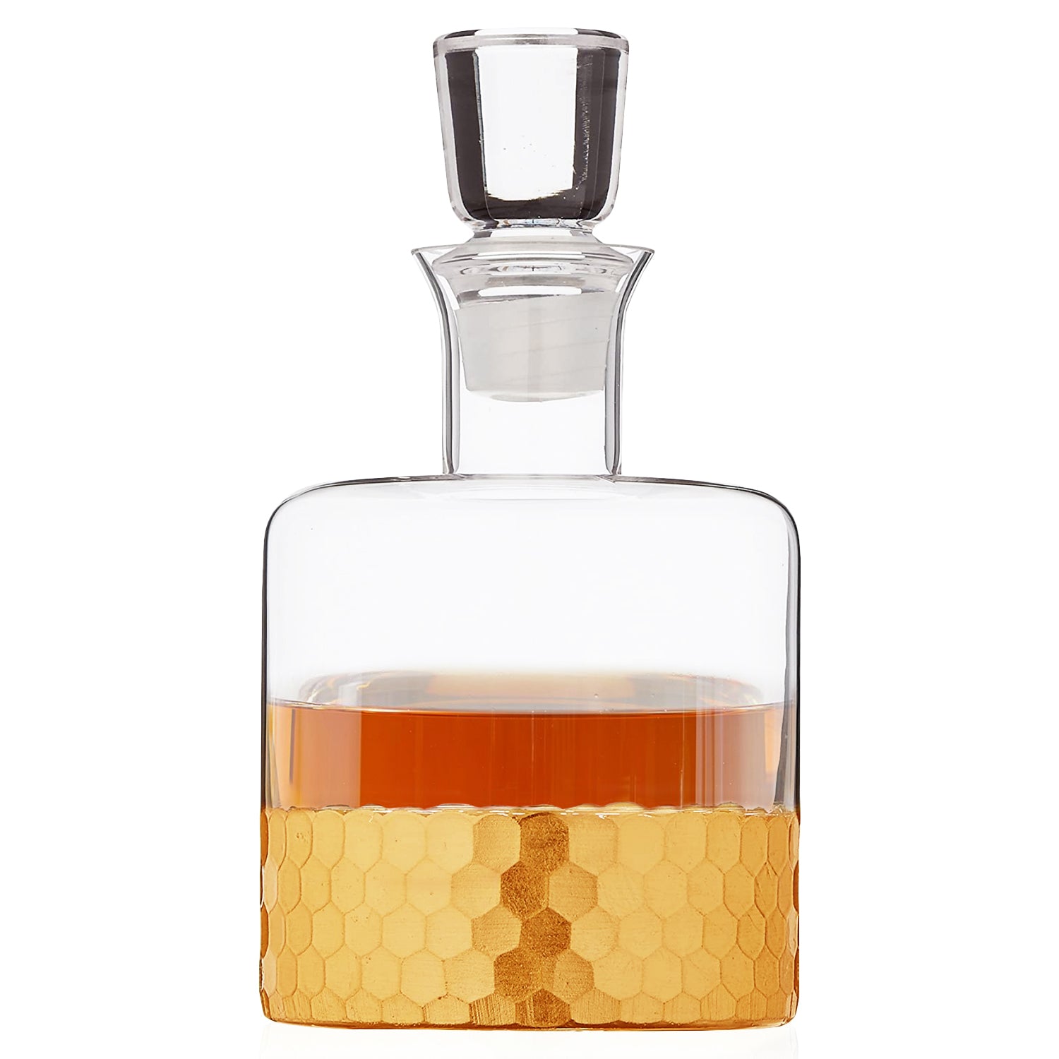 DAPHNE GOLD 5 PC WHISKEY SET: DECANTER 40.56oz +4 GLASSES 9.8oz DEC.4.7"Dx8.8"H,GL:2.95"Dx3.15"H WHITE BOX