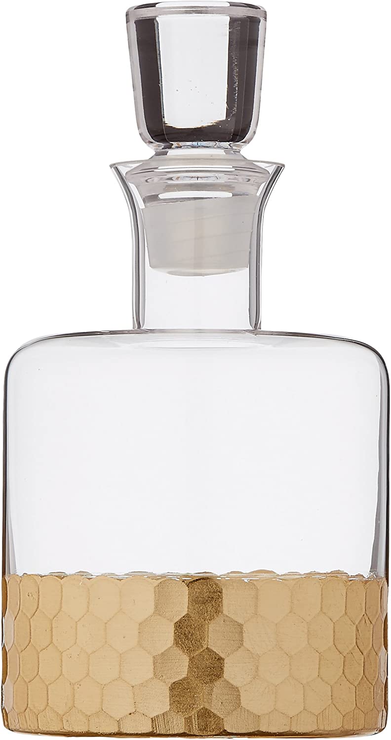 DAPHNE GOLD 5 PC WHISKEY SET: DECANTER 40.56oz +4 GLASSES 9.8oz DEC.4.7"Dx8.8"H,GL:2.95"Dx3.15"H WHITE BOX