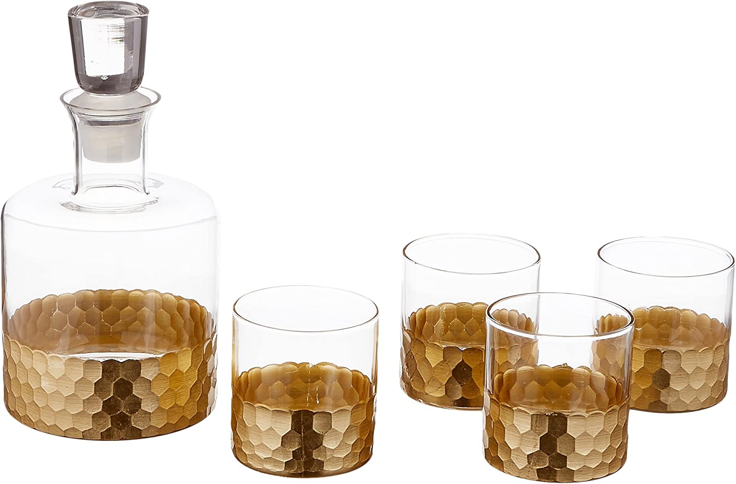 DAPHNE GOLD 5 PC WHISKEY SET: DECANTER 40.56oz +4 GLASSES 9.8oz DEC.4.7"Dx8.8"H,GL:2.95"Dx3.15"H WHITE BOX