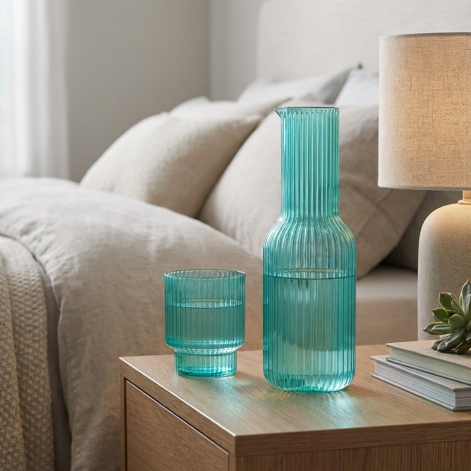 Aqua Blue Ribbed Carafe Set 30 OZ.