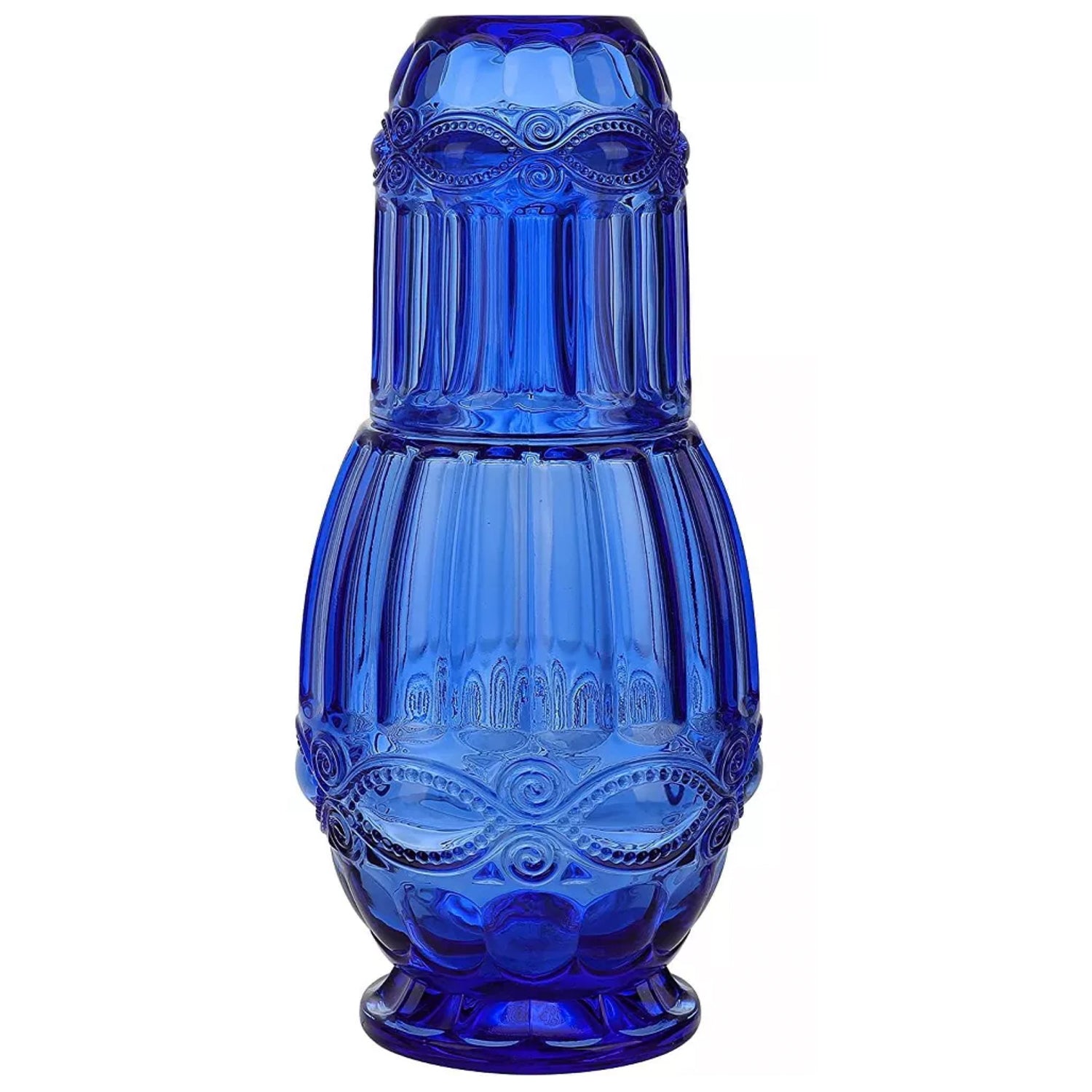 2 PC Blue Bedside Water Decanter & Glass Tumbler Set 33.8 OZ.
