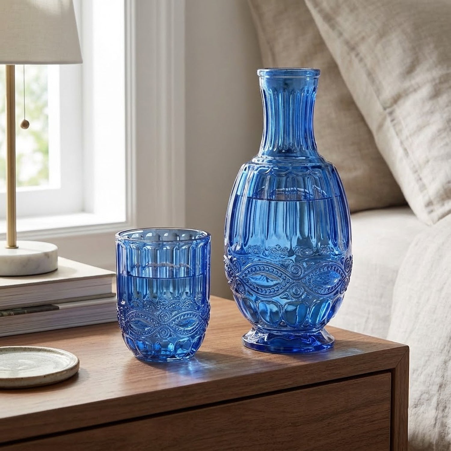 2 PC Blue Bedside Water Decanter & Glass Tumbler Set 33.8 OZ.