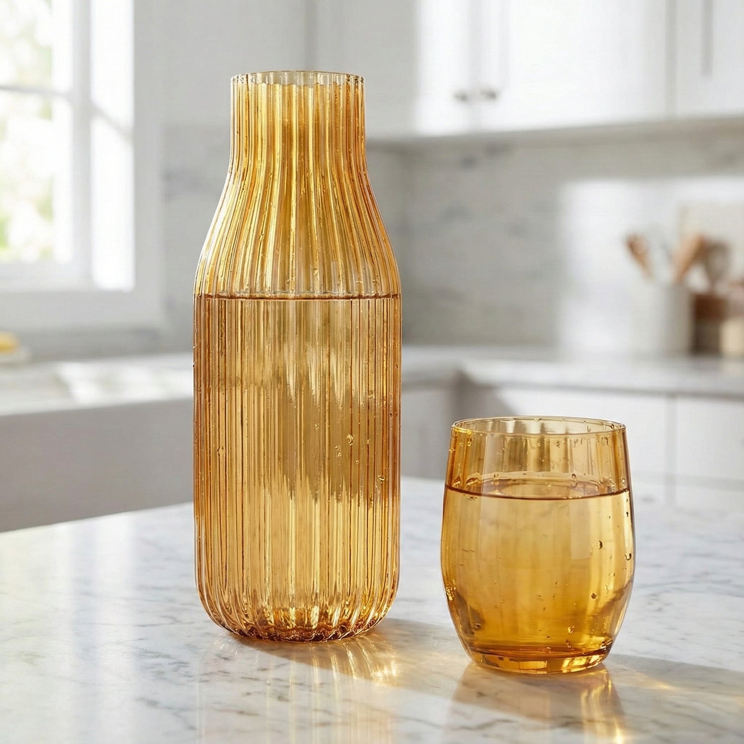 Amber Ribbed Glass Carafe Set 38.89 OZ.