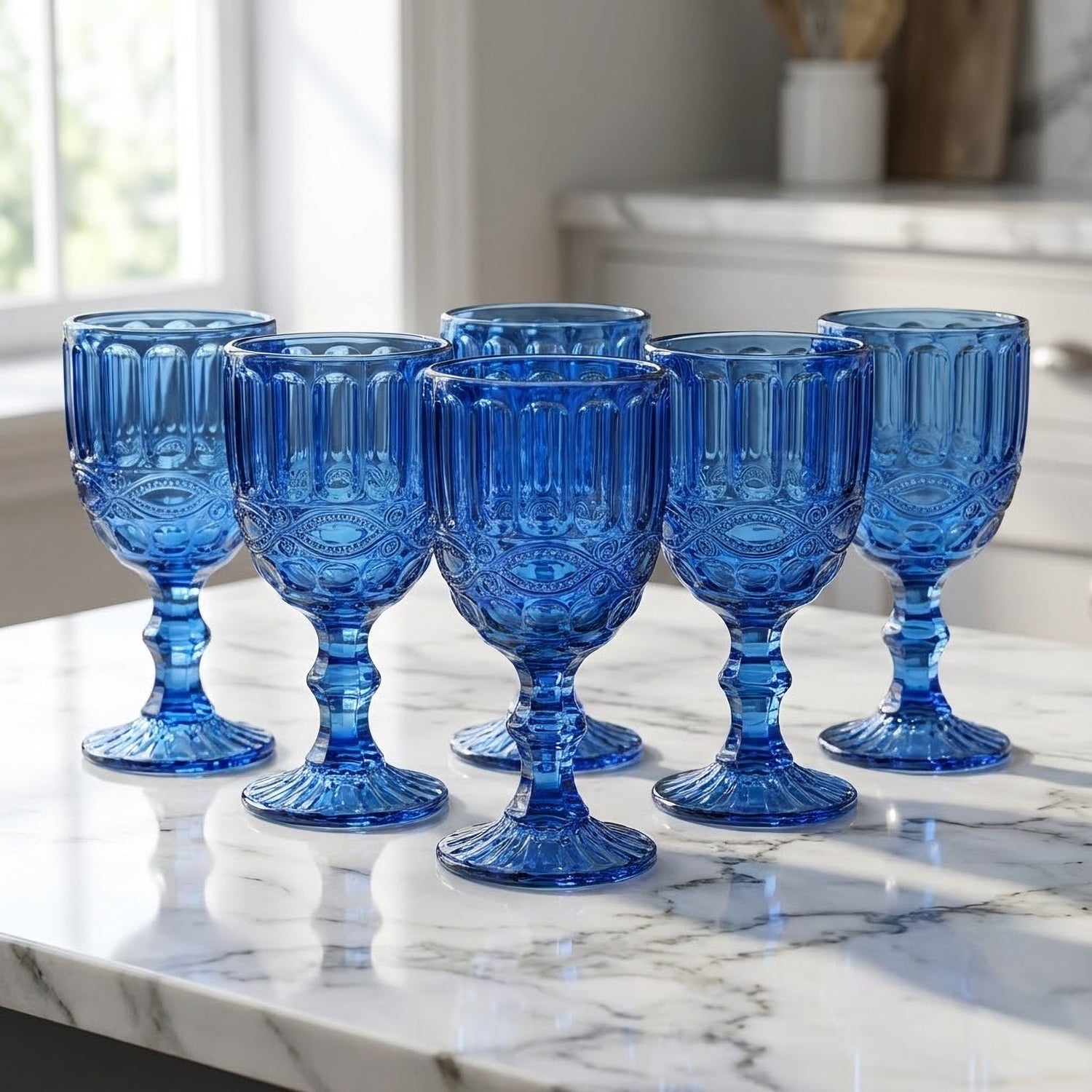 Set of 6 Blue Embossed Wine Glasses (8.4 oz / 250 mL)
