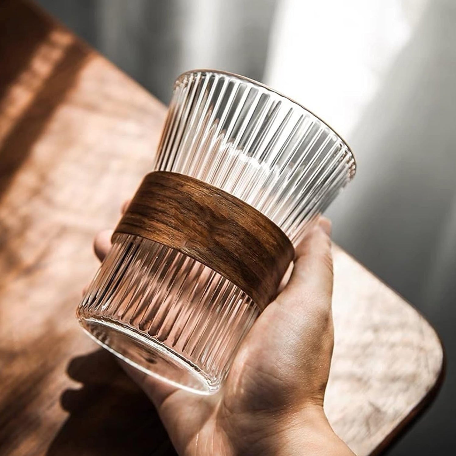 Clear Set Of 4 Old Fashion Glasses with Wood Band 9.47OZ.