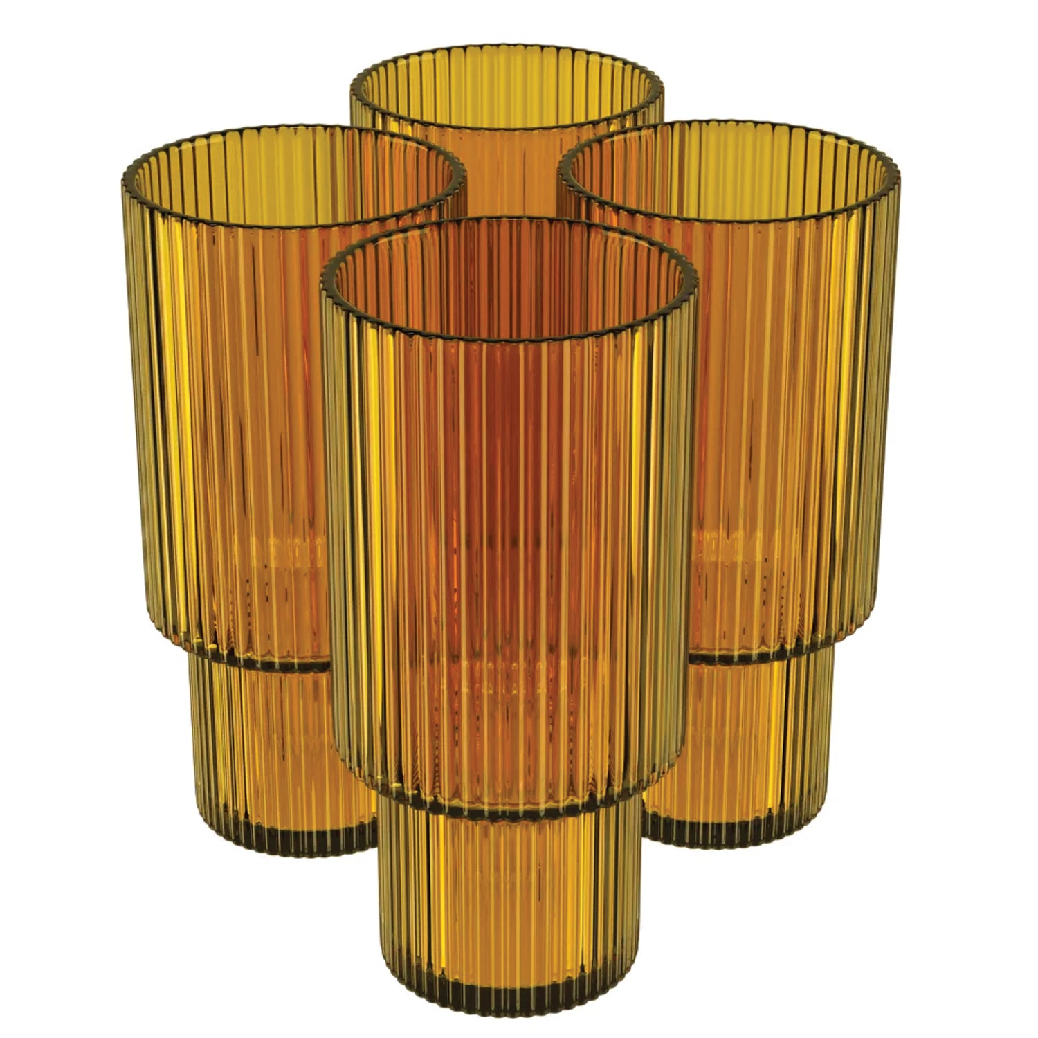 Set of 4 Ribbed Amber Highball Glasses | 11 oz Tall Drinkware