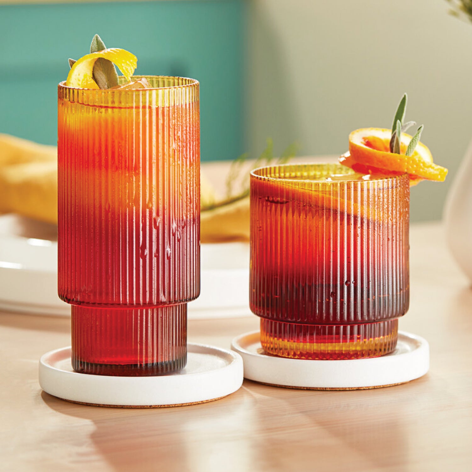 Set of 4 Ribbed Amber Highball Glasses | 11 oz Tall Drinkware