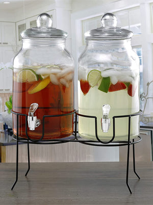 Rustic Home Beverage Dispenser Set of 2 With Black Metal Stand 1 Gal
