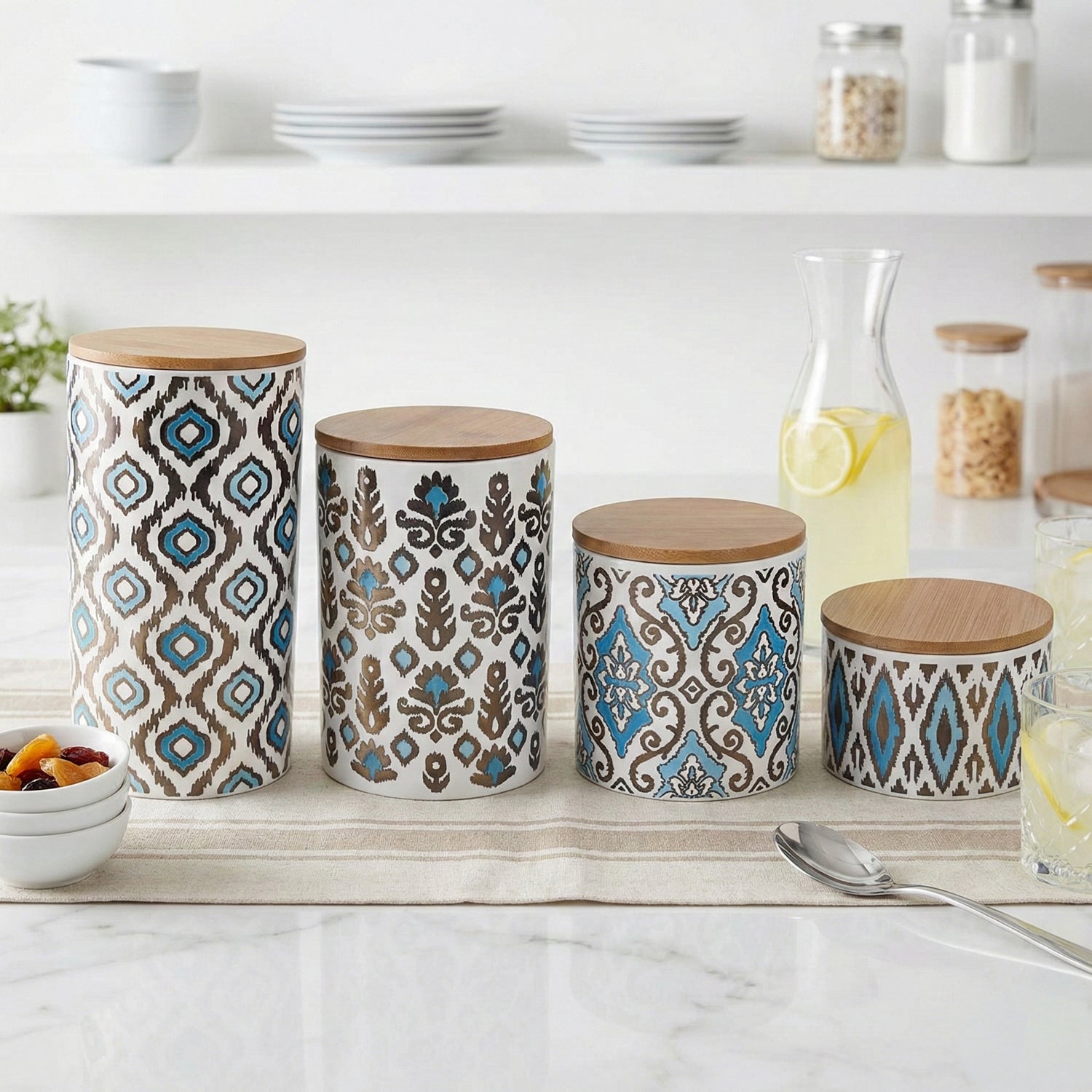 Set of 4 Blue Ceramic Canister Set with Lids