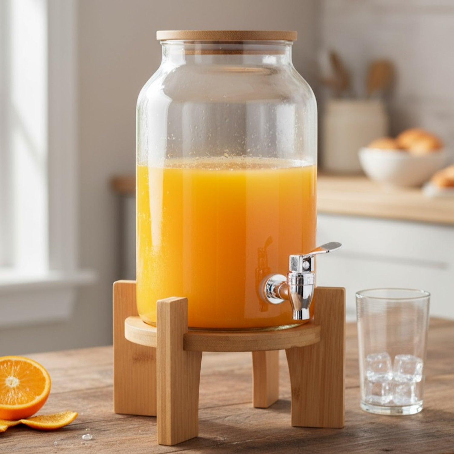 Delray Glass Beverage Dispenser with Bamboo Lid & Stand (4L / 1 Gal)