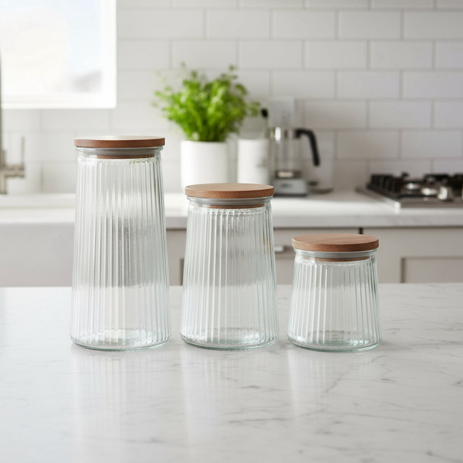Glass Canisters Set of 3 with Wooden Lids – 20.3oz, 33.8oz & 45.7oz