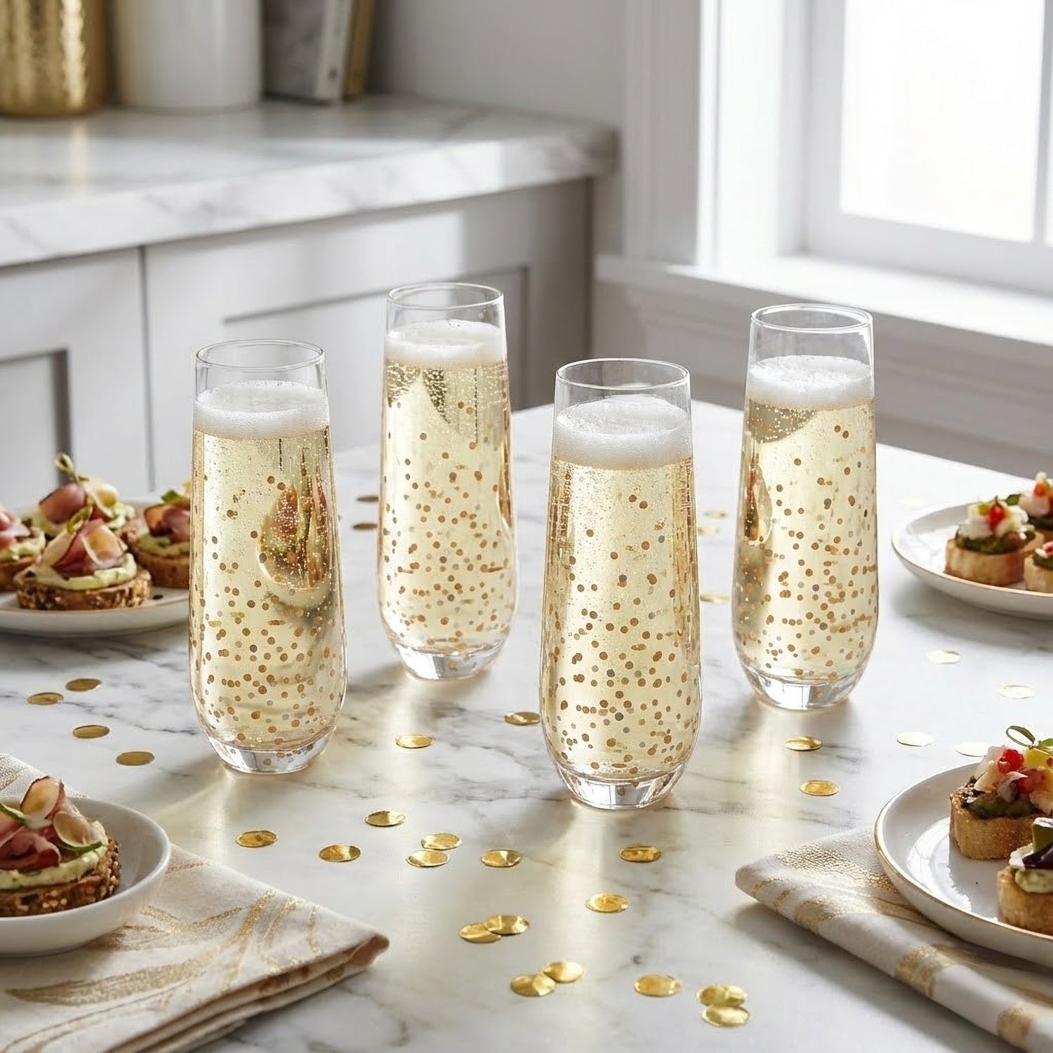 Set of 4 Black & Gold Confetti Stemless Champagne Flutes (10.5 oz)