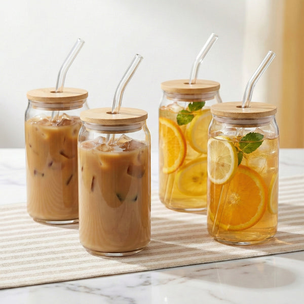 Avalon Set of 4 Glass Sippers - 18oz. with Bamboo Lid - Jay Companies