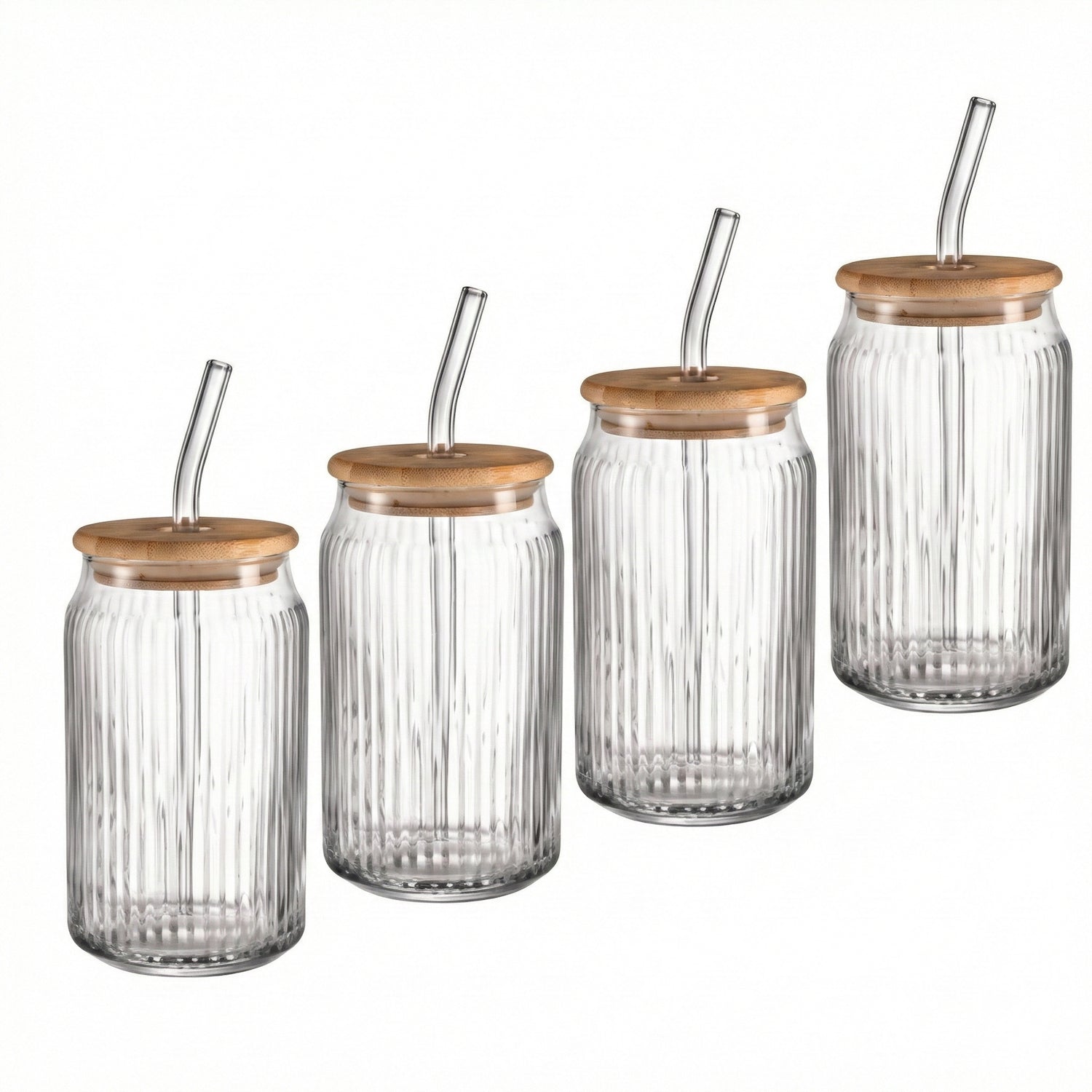 Set of 4 Ribbed Glass Sippers - 18oz. with Bamboo Lid