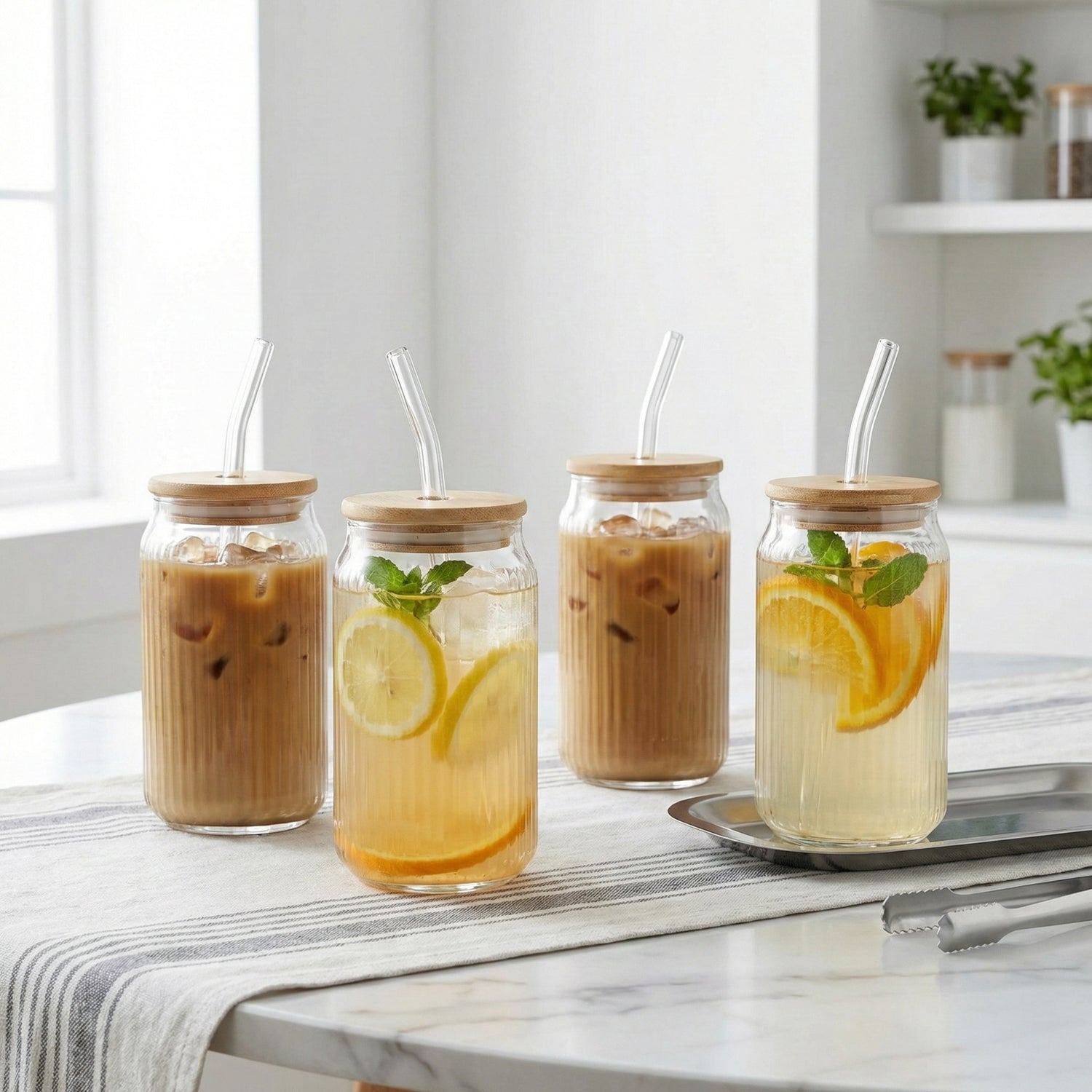 Set of 4 Ribbed Glass Sippers - 18oz. with Bamboo Lid