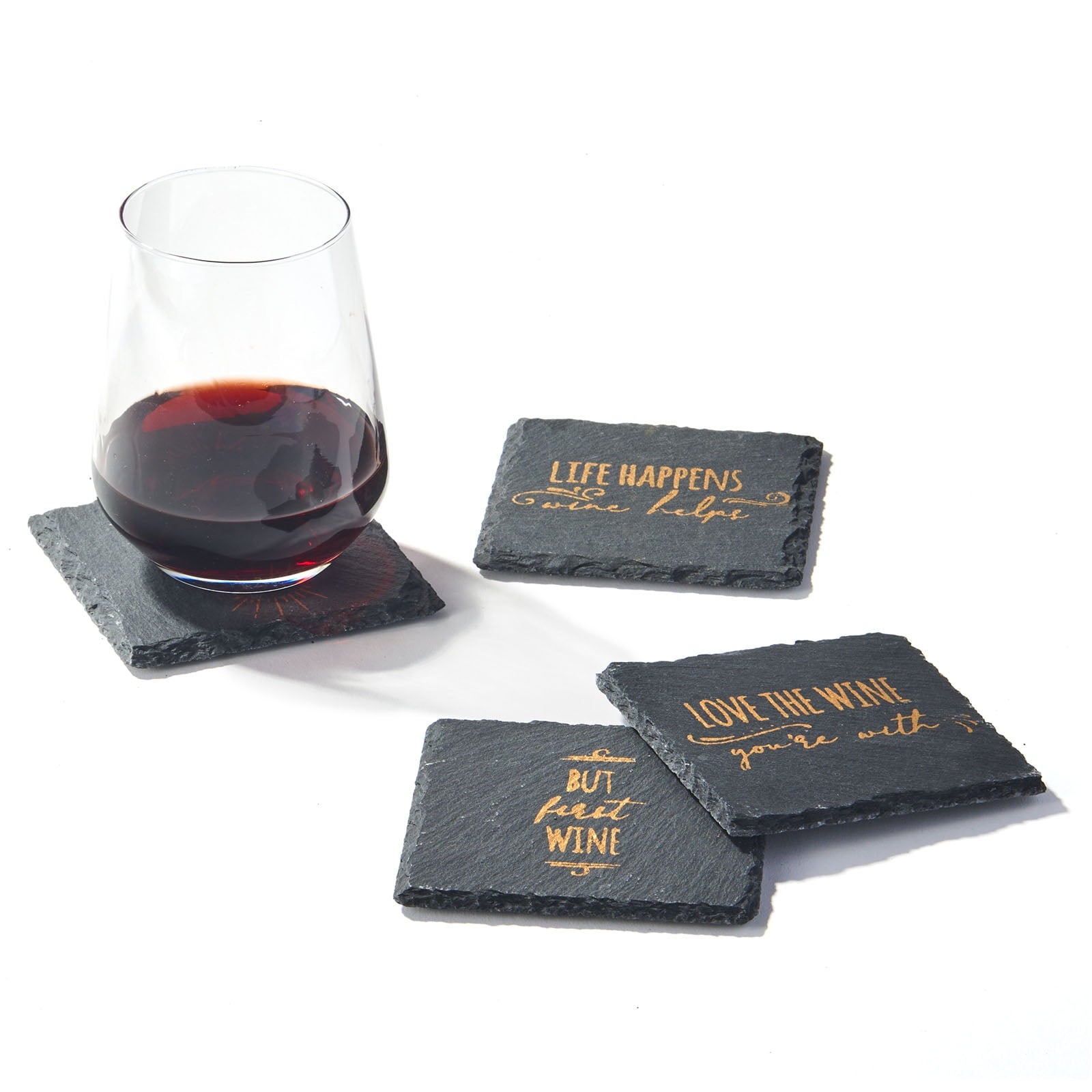 LIFE HAPPENS-WINE HELPS SLATE COASTERS gold  SET OF 4, SQUARE 4x4"