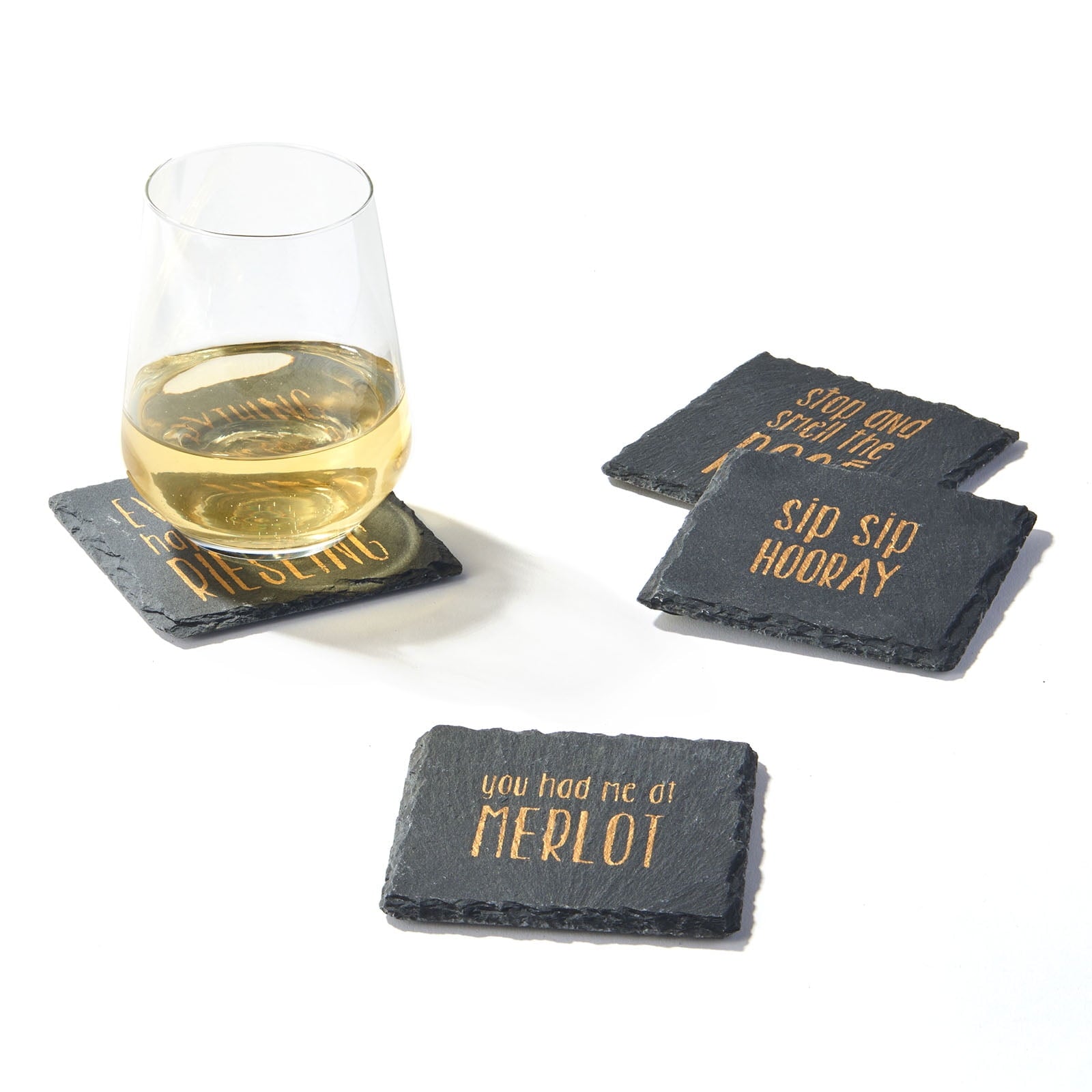 SIP SIP HOORAY SLATE COASTERS gold  SET OF 4, SQUARE 4x4"