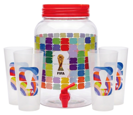 Official FIFA World Cup 2026 Edition Plastic 1.4-Gal Beverage Dispenser and Set of 4 18.5 Oz Cups with Handle & Lid