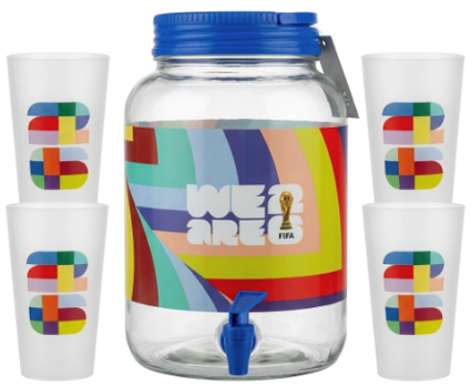 Official FIFA World Cup 2026 Edition Plastic 1.4-Gal Beverage Dispenser and Set of 4 18.5 Oz Cups with Handle & Lid