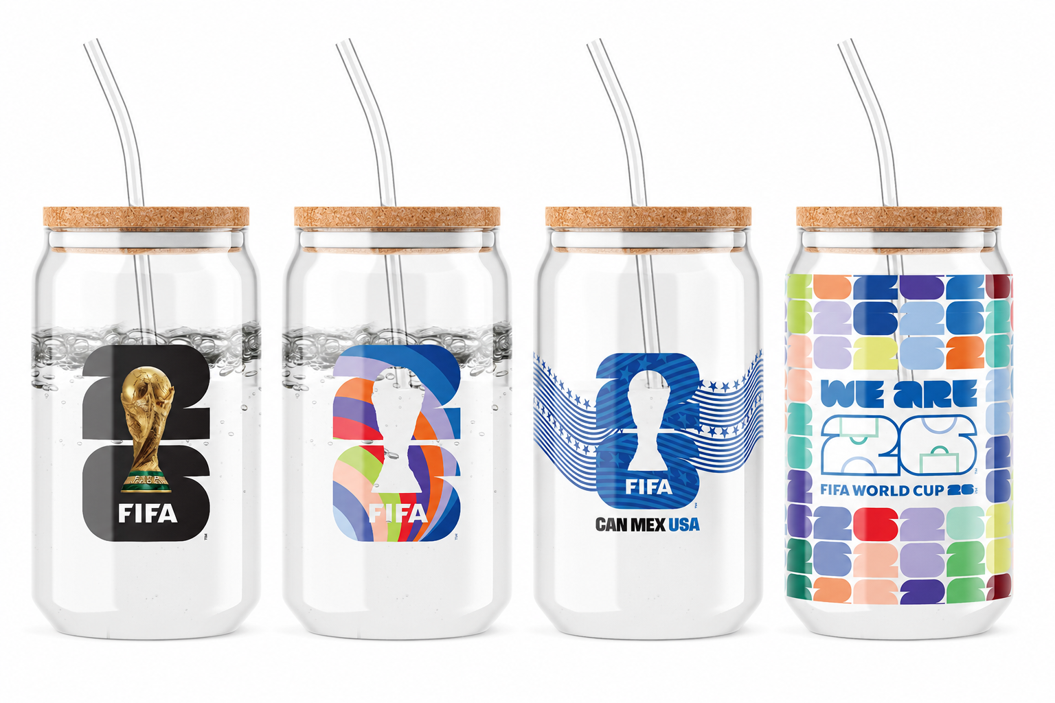 Official FIFA World Cup 2026 Edition 16 Oz Glass Sippers Bamboo lids with Glass Straws