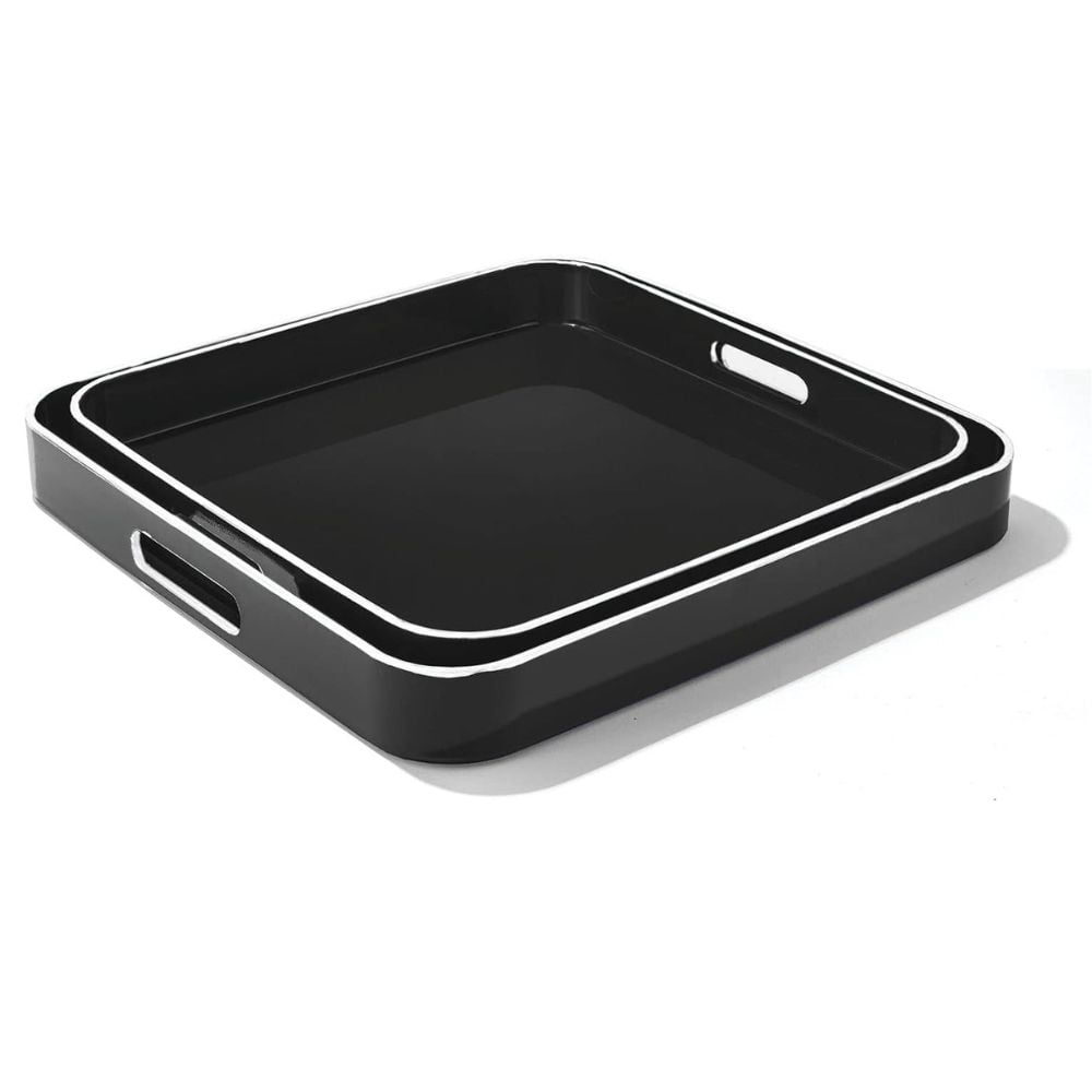 Black Square Tray Set with Silver Rim, 2 Pieces