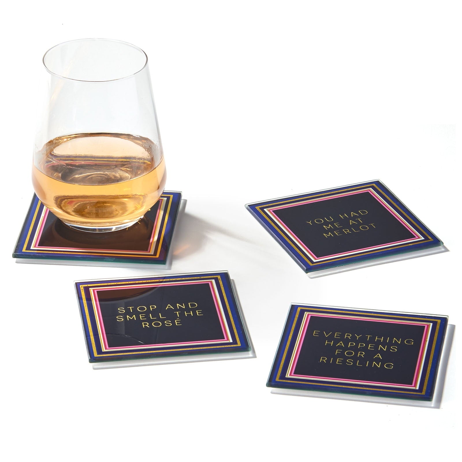 Wine Enthusiast Blue and Gold Glass Coasters - Set of 4