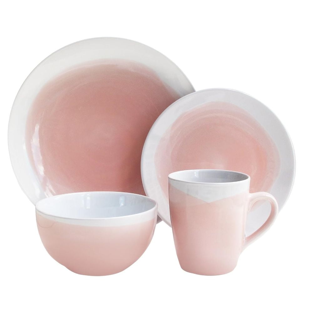 OASIS PINK/WHITE 16 PC DINNER SET DP 10.5", SP 7.75", B 5.5" MUG 16oz B 20" 3" H RESHIPPER BOX